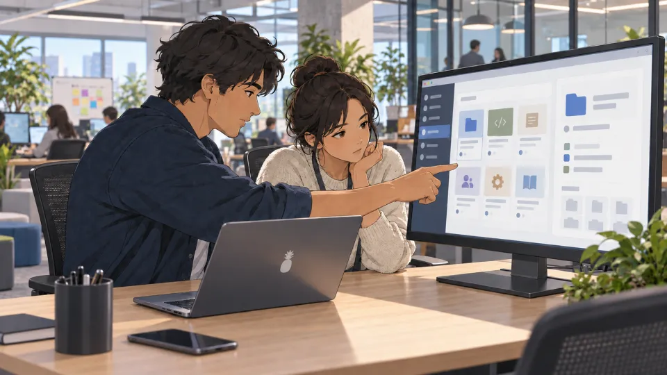 Two coworkers discuss a project directory on a large display in a modern office.